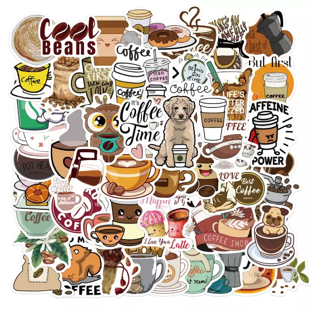 50 Pcs Coffee Stickers  Coffee Waterproof Vinyl Stickers For